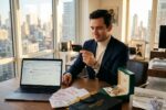 Person reviewing finances at a desk after receiving a higher income, surrounded by bills and a laptop showing a budget