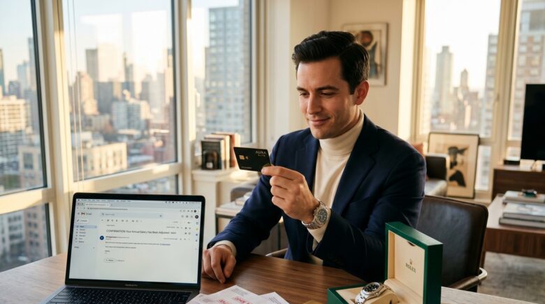 Person reviewing finances at a desk after receiving a higher income, surrounded by bills and a laptop showing a budget