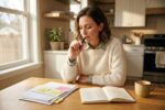 Person at desk weighing options between paying off debt and building savings with financial documents and calculator