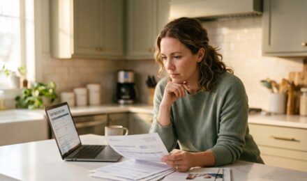 Person reviewing personal loan options to pay medical bills at a desk with documents and a laptop