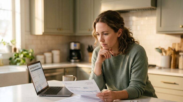 Person reviewing personal loan options to pay medical bills at a desk with documents and a laptop