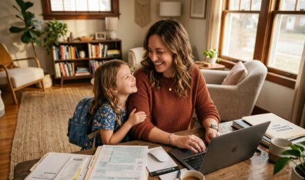 Self-employed parent reviewing child-related tax breaks and deductions at a home office desk
