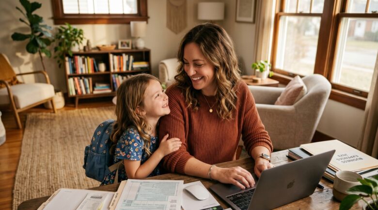Self-employed parent reviewing child-related tax breaks and deductions at a home office desk