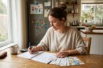 Stay-at-home parent reviewing a single income budget at a kitchen table with bills and a laptop