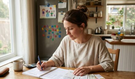 Stay-at-home parent reviewing a single income budget at a kitchen table with bills and a laptop