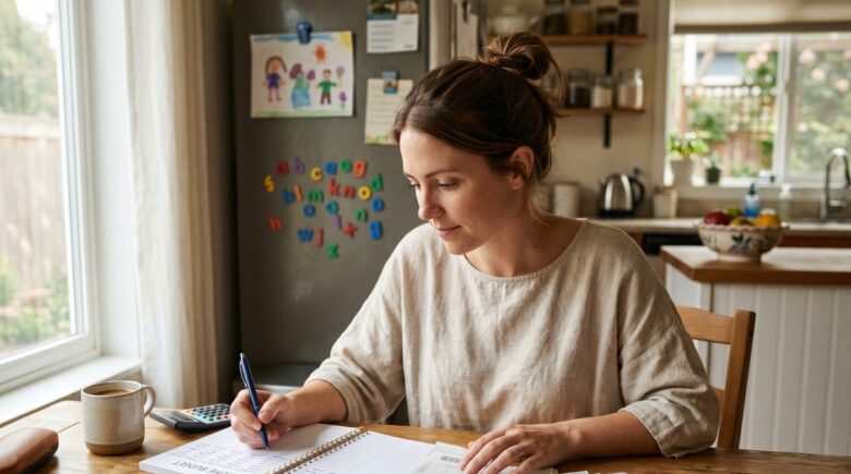 Stay-at-home parent reviewing a single income budget at a kitchen table with bills and a laptop
