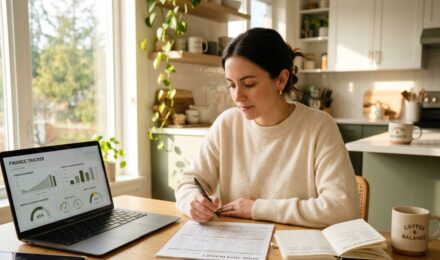 Single income household building a six-month investment buffer with savings and budgeting tools on a desk