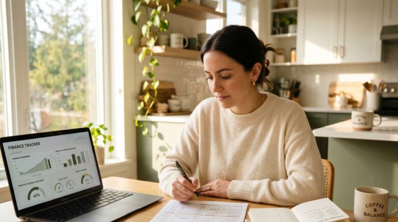 Single income household building a six-month investment buffer with savings and budgeting tools on a desk