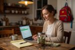 Single mom reviewing budget at kitchen table while building her emergency fund on a $55K salary