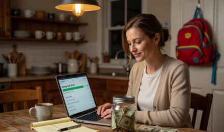 Single mom reviewing budget at kitchen table while building her emergency fund on a $55K salary