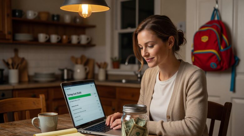 Single mom reviewing budget at kitchen table while building her emergency fund on a $55K salary