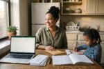 Single mom reviewing budget at kitchen table working to pay off debt on single income