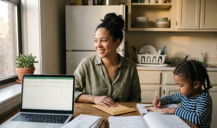 Single mom reviewing budget at kitchen table working to pay off debt on single income