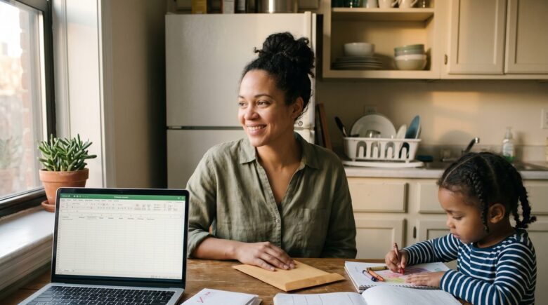 Single mom reviewing budget at kitchen table working to pay off debt on single income