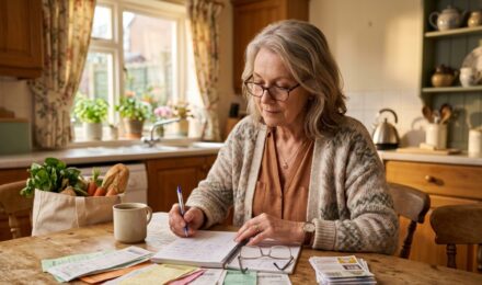 Retired couple reviewing budget and spending tips on fixed income at home
