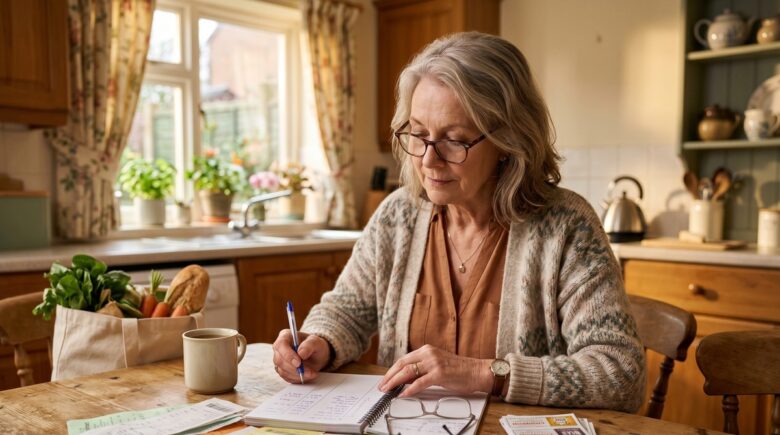 Retired couple reviewing budget and spending tips on fixed income at home