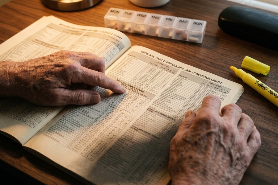 Retiree reviewing Medicare plan options on a laptop at a kitchen table