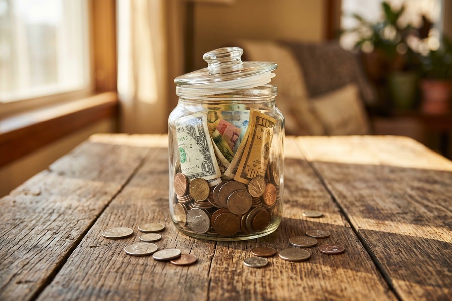 Retiree couple writing a monthly household budget together at a desk