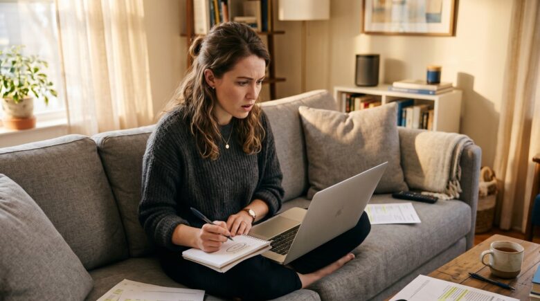 Person reviewing subscription charges on a laptop while conducting a subscription spending audit to cut monthly costs