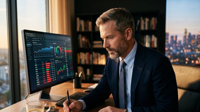 Investor reviewing tax-loss harvesting strategies on a financial dashboard