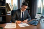 Investor reviewing tax-loss harvesting strategy on laptop with portfolio charts and tax documents