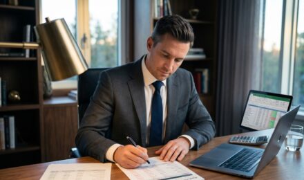 Investor reviewing tax-loss harvesting strategy on laptop with portfolio charts and tax documents
