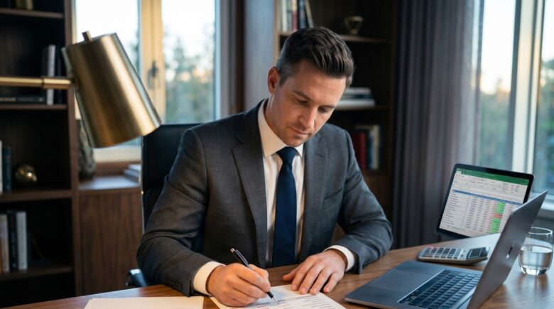 Investor reviewing tax-loss harvesting strategy on laptop with portfolio charts and tax documents