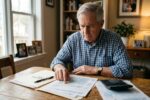 Retired couple reviewing tax documents and financial statements at home