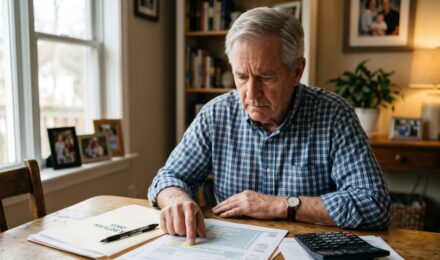 Retired couple reviewing tax documents and financial statements at home