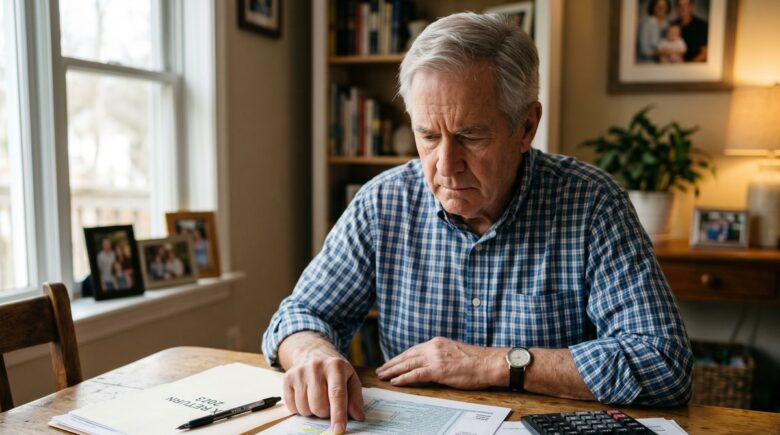 Retired couple reviewing tax documents and financial statements at home