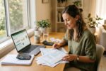 Freelancer reviewing tax planning documents and calculator at a home office desk
