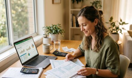 Freelancer reviewing tax planning documents and calculator at a home office desk