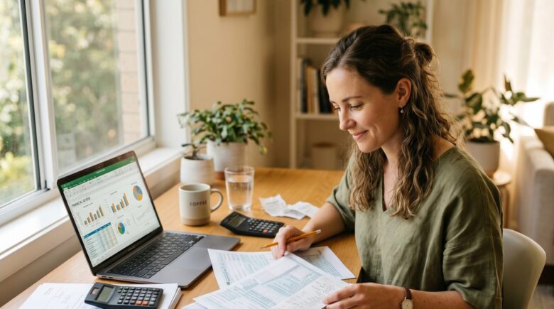 Freelancer reviewing tax planning documents and calculator at a home office desk