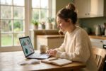 Person reviewing weekly money routine with notebook and laptop on a Sunday morning