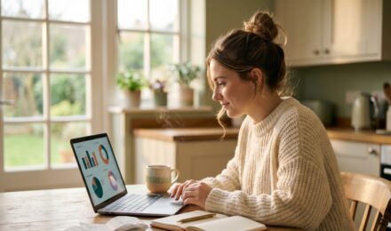 Person reviewing weekly money routine with notebook and laptop on a Sunday morning