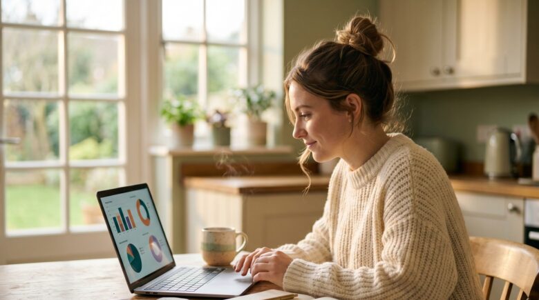 Person reviewing weekly money routine with notebook and laptop on a Sunday morning